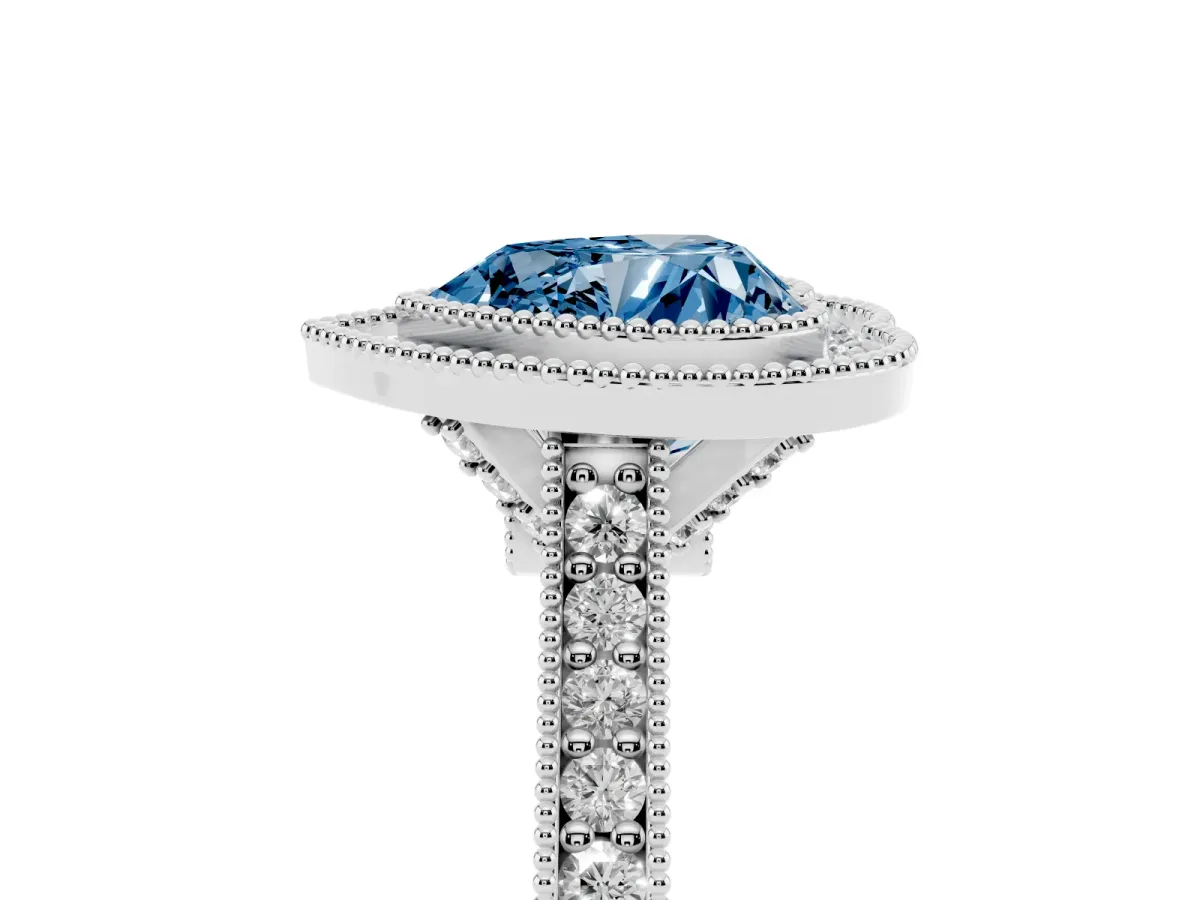 Fancy Blue Halo Heart Cut-Cut Diamond Pave Band Milgrain Prong Setting Ring Silver