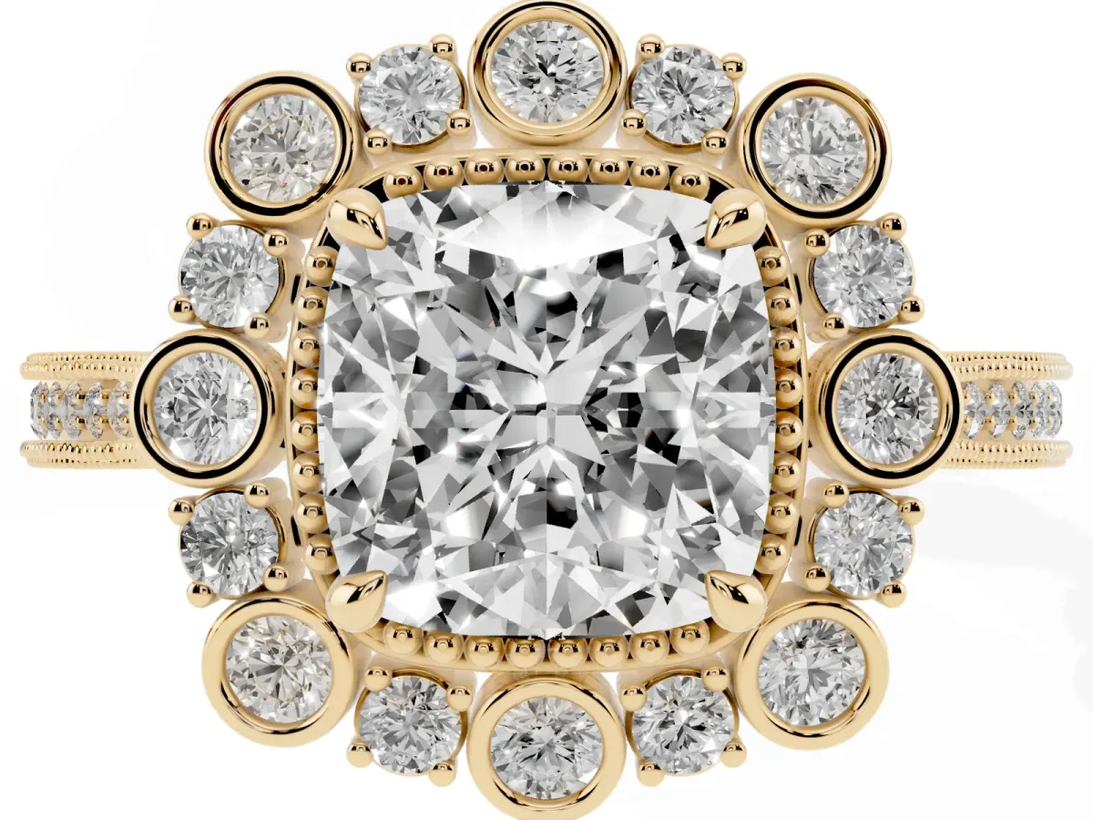 Cushion Cut Halo Milgrain Pave Diamond Ring with Four-Prong Setting Yellow gold