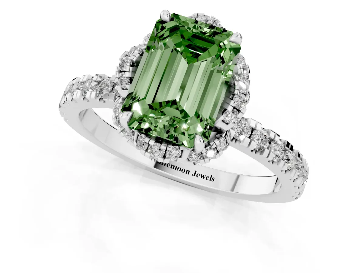 Fancy Green Emerald Cut Halo Diamond Pave Band Ring with Four-Prong Setting Silver