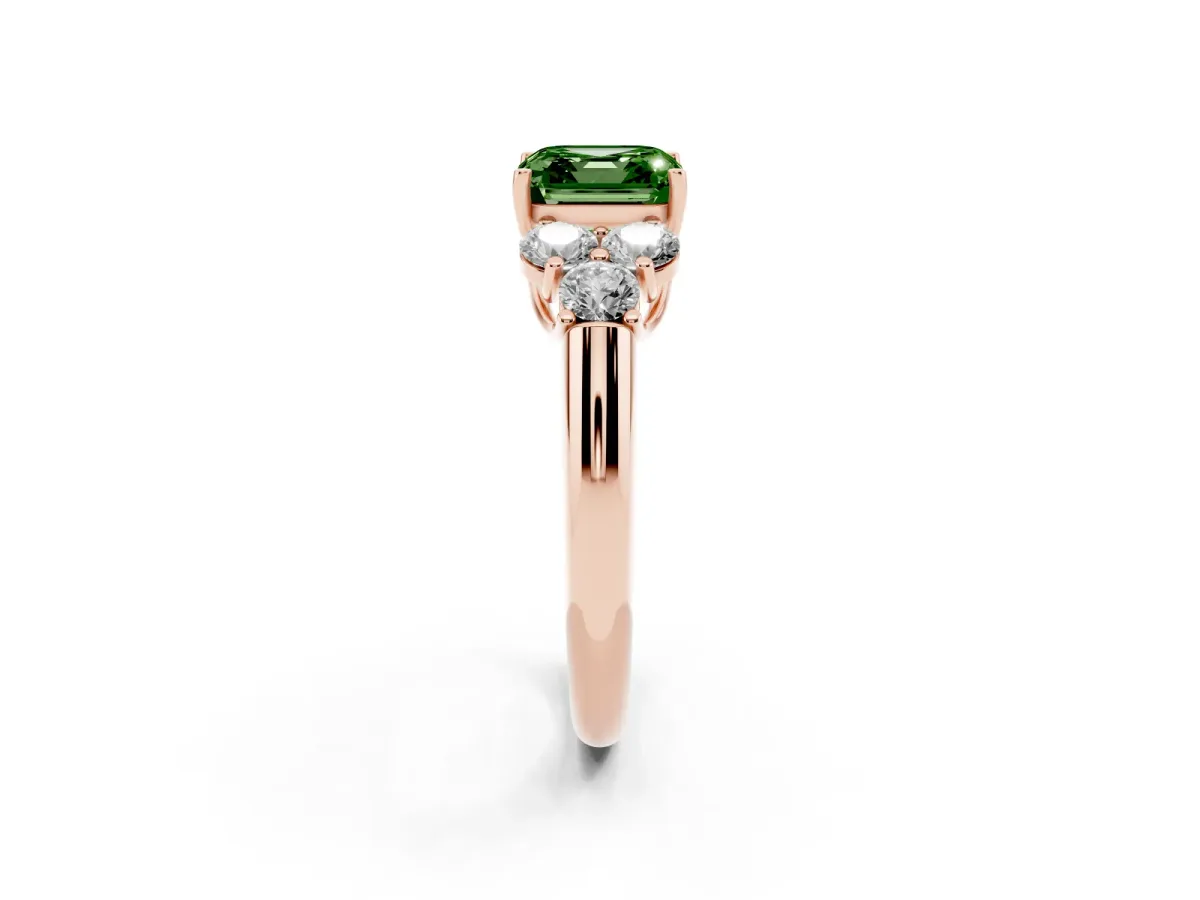 Fancy Green Asscher Cut Cut Diamond Cluster Ring with Round Accent Stones and Prong Setting on a Classic Band Rose gold