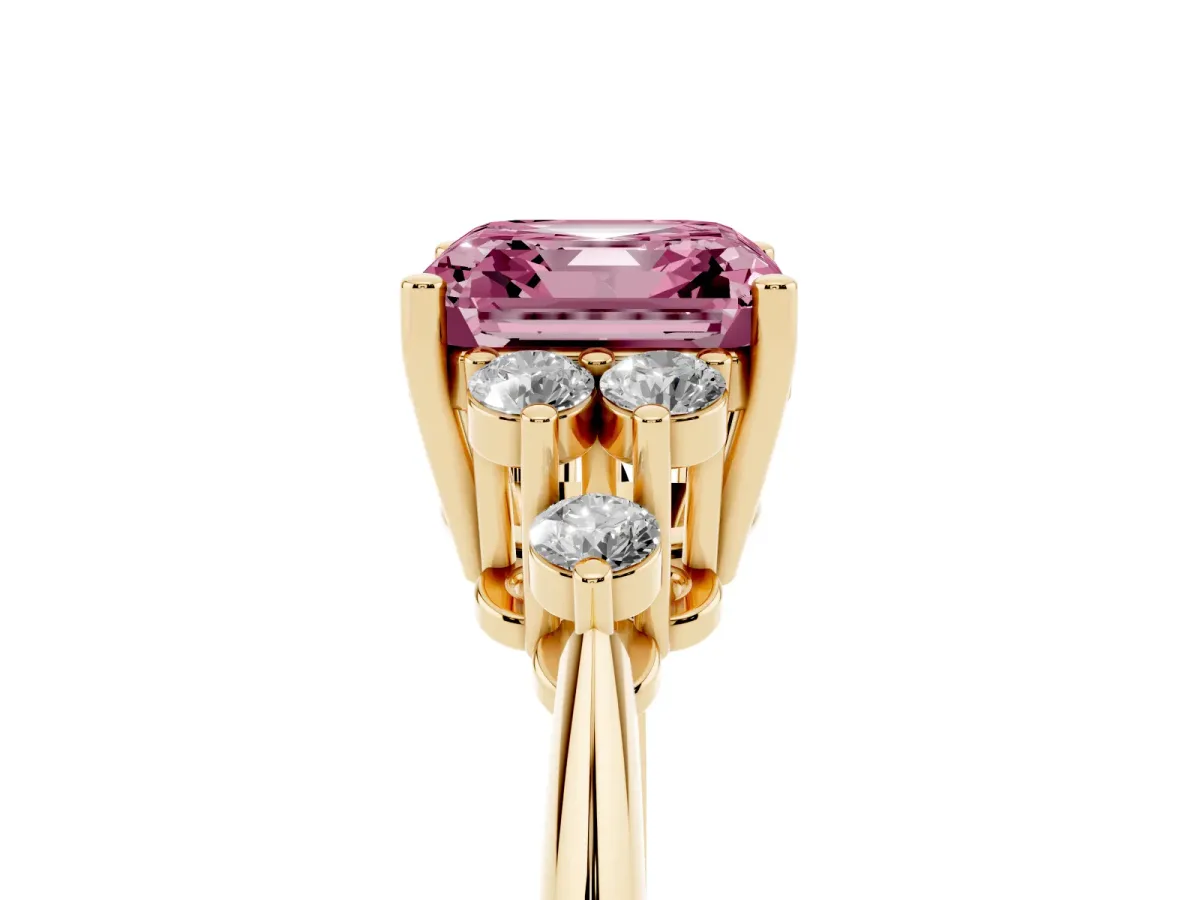 Fancy Pink Asscher Cut Cut Diamond Cluster Ring with Solitaire Band and Four-Prong Setting Yellow gold