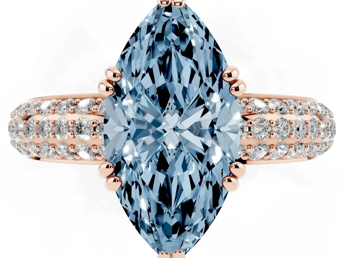 Fancy Blue Marquise Cut Diamond Solitaire Ring with Multi-Row Round Pavé Band and Prong Setting Rose gold