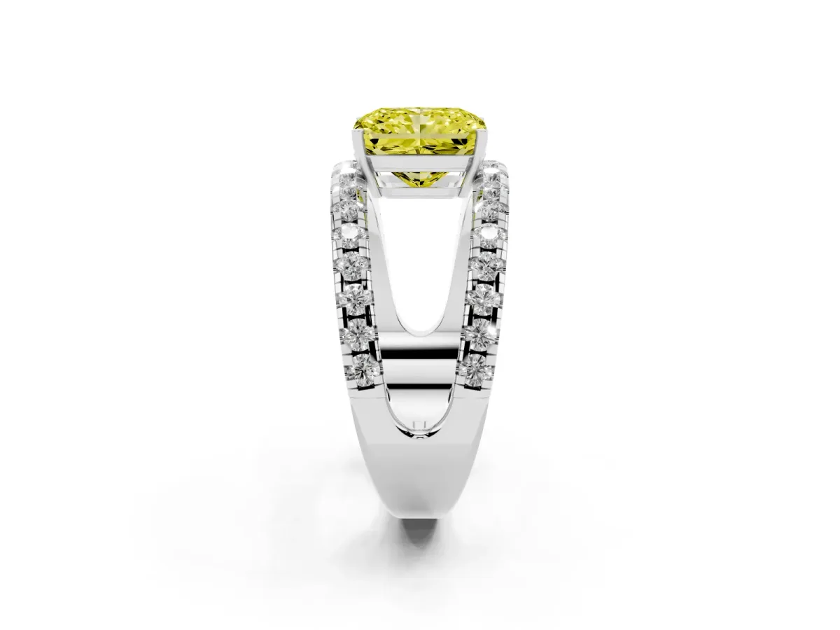 Fancy Yellow Radiant Cut Solitaire Split Shank Pave Diamond Ring Platinum