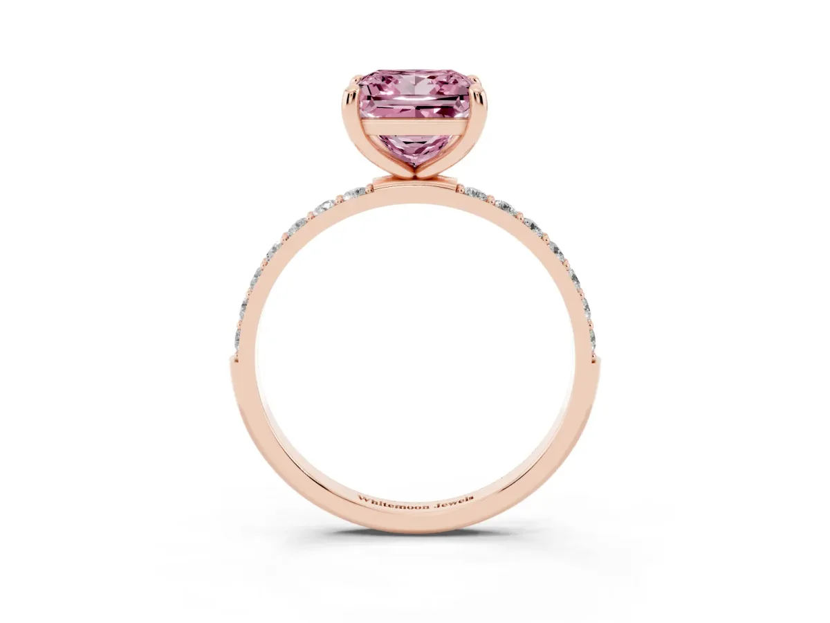 Fancy Pink Princess Cut Diamond Solitaire Ring with Round Pavé Band and Prong Setting Rose gold