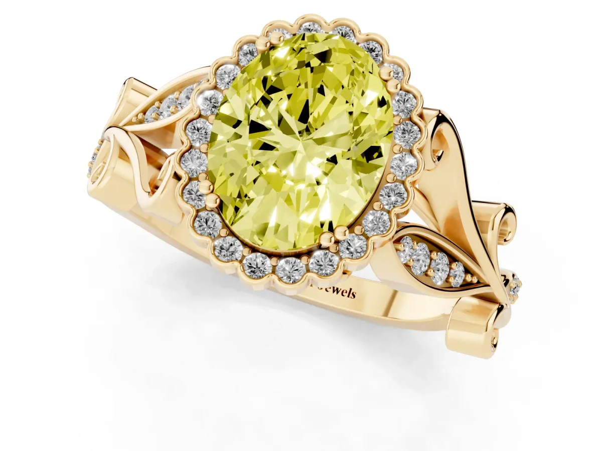 Fancy Yellow Oval Cut Diamond Halo Ring with Vintage Split Shank and Four-Prong Setting Yellow gold
