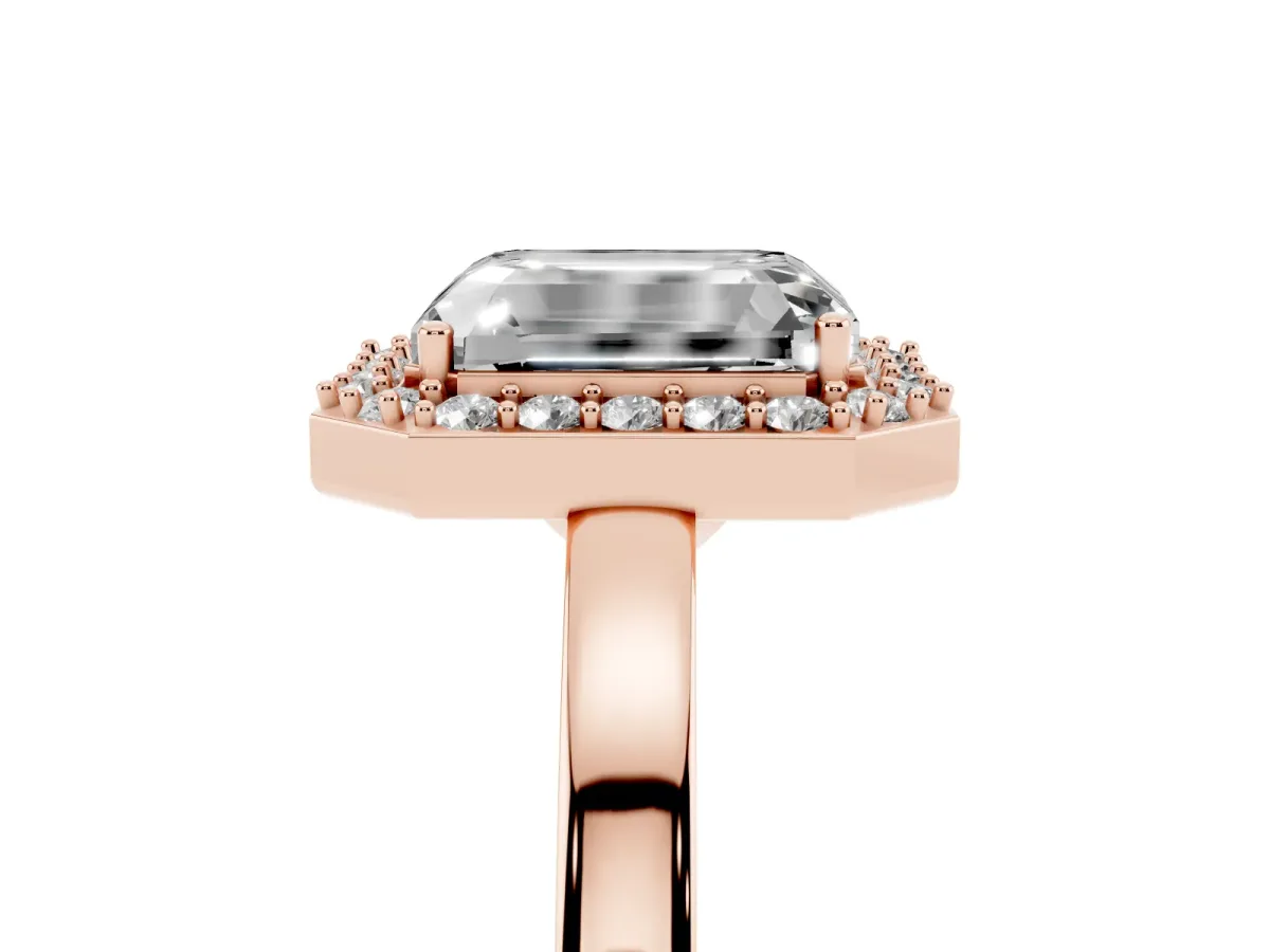 Radiant Cut Halo Diamond Ring with Solitaire Band and Prong Setting Rose gold