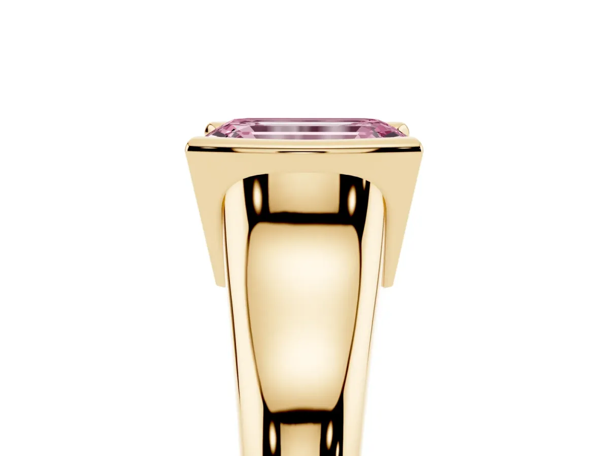 Fancy Pink Emerald Cut Solitaire Tension Set Diamond Ring with Split Shank Band Yellow gold