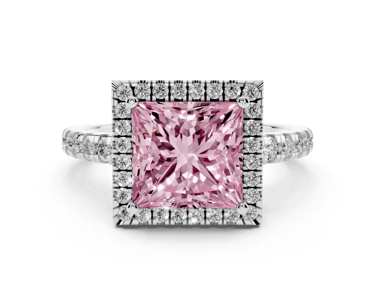 Fancy Pink Princess Cut Diamond Halo Ring with Pavé Band and Four-Prong Setting Platinum