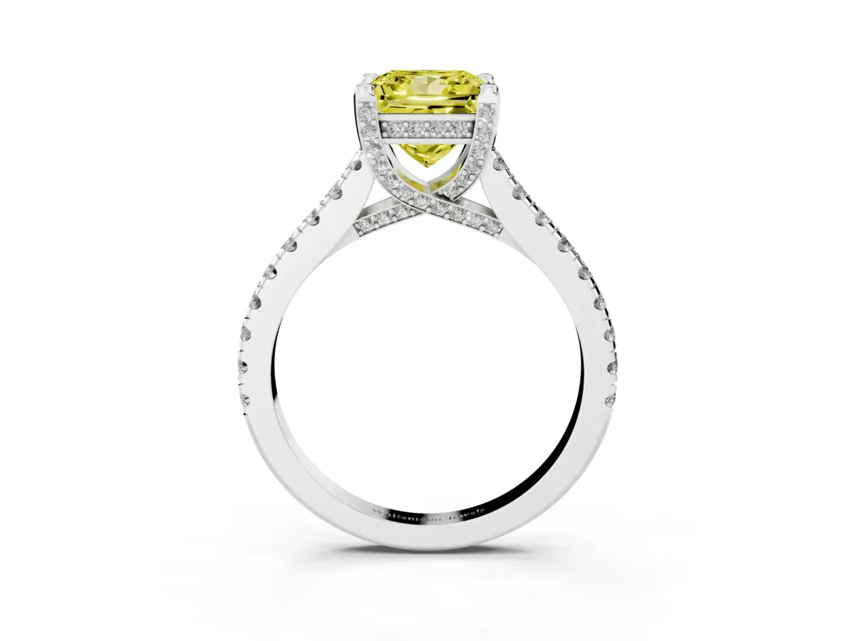 Fancy Yellow Princess Cut Brilliant Diamond Solitaire with Pavé Band and Four-Prong Setting Platinum