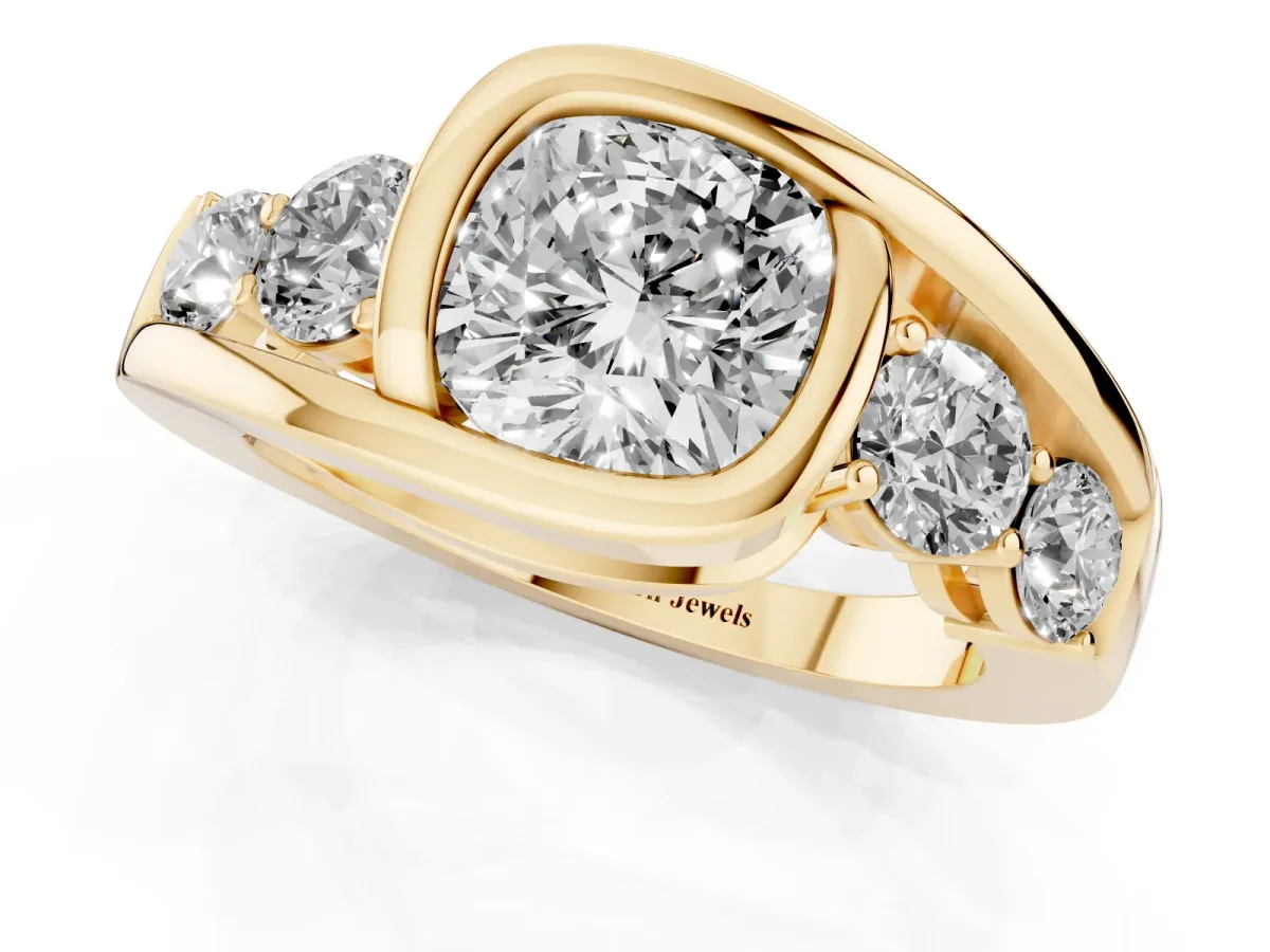Bezel Set Cushion Cut Diamond Bypass Ring with Round Accents Yellow gold