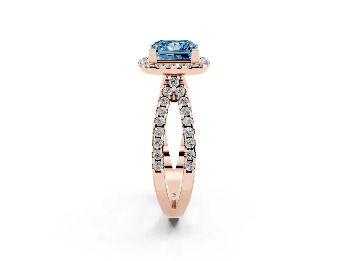 Fancy Blue Princess Cut Diamond Halo Ring with Split Shank Pavé Band and Prong Setting Rose gold
