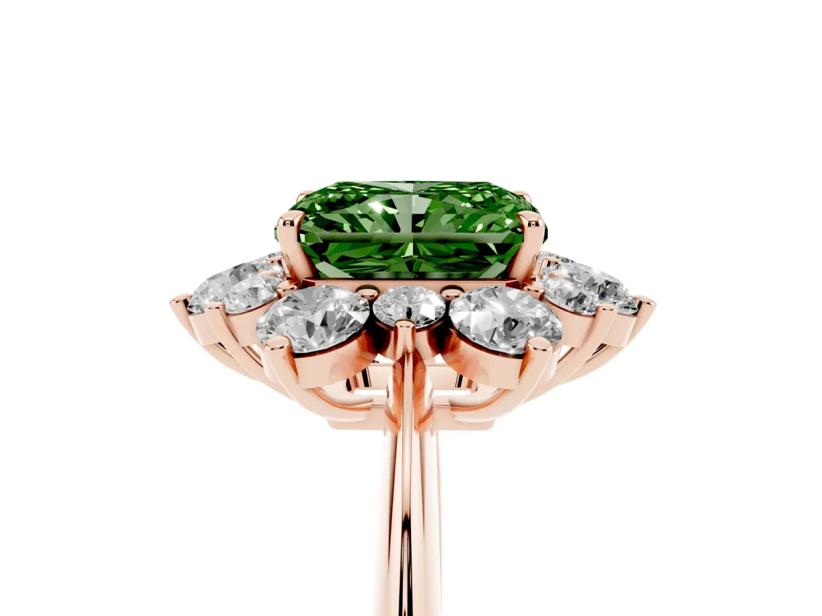 Fancy Green Radiant Cut Diamond Cluster Halo Ring with Solitaire Band and Four-Prong Setting Rose gold