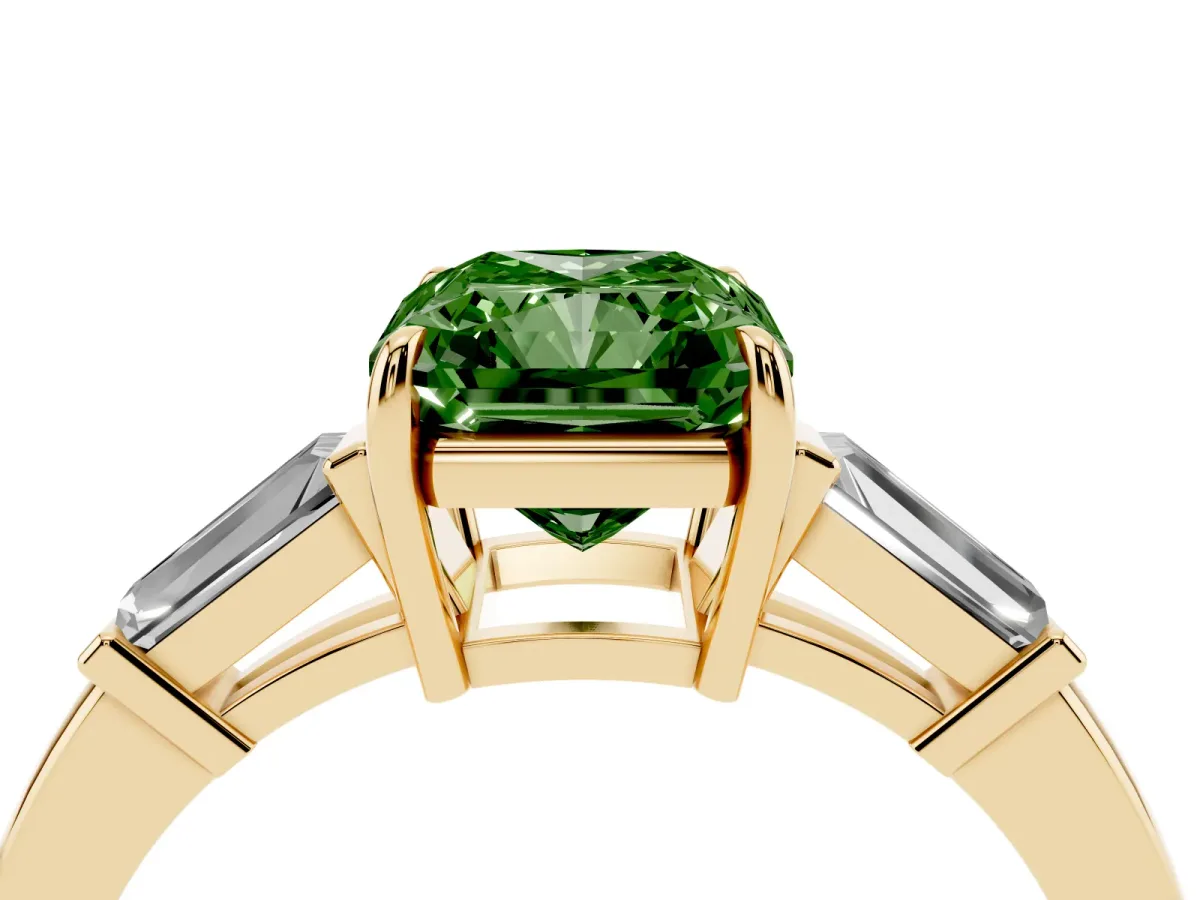 Fancy Green Radiant Cut Diamond Three-Stone Ring with Tapered Baguette Side Stones and Prong Setting Yellow gold