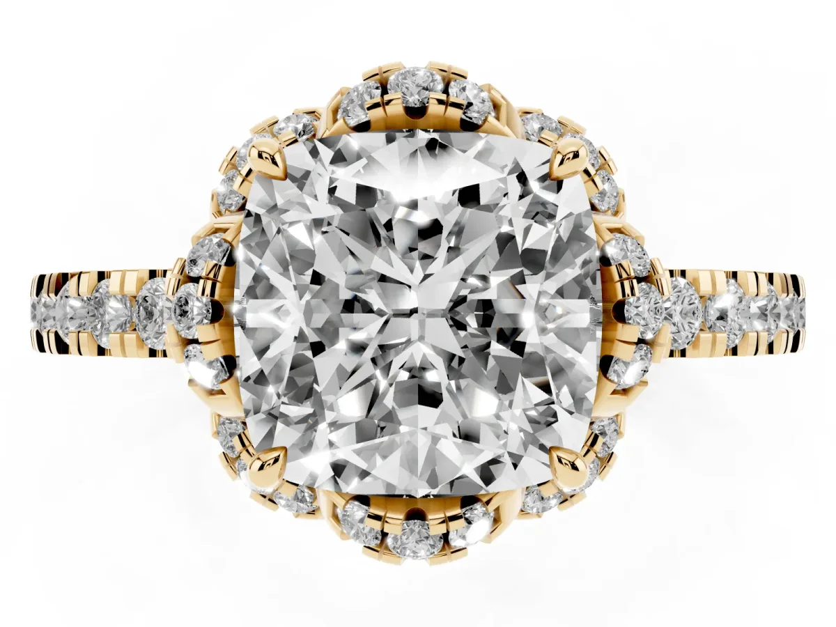 Cushion Cut Diamond Halo Pave Band with Four-Prong Setting Yellow gold