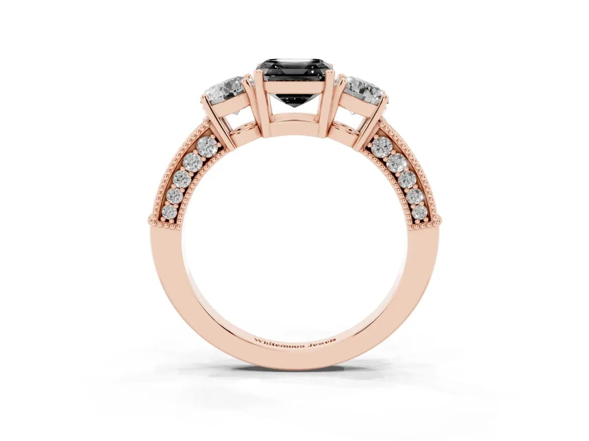 Fancy Black Asscher Cut Three-Stone Diamond Ring with Pavé Band and Four-Prong Setting Rose gold