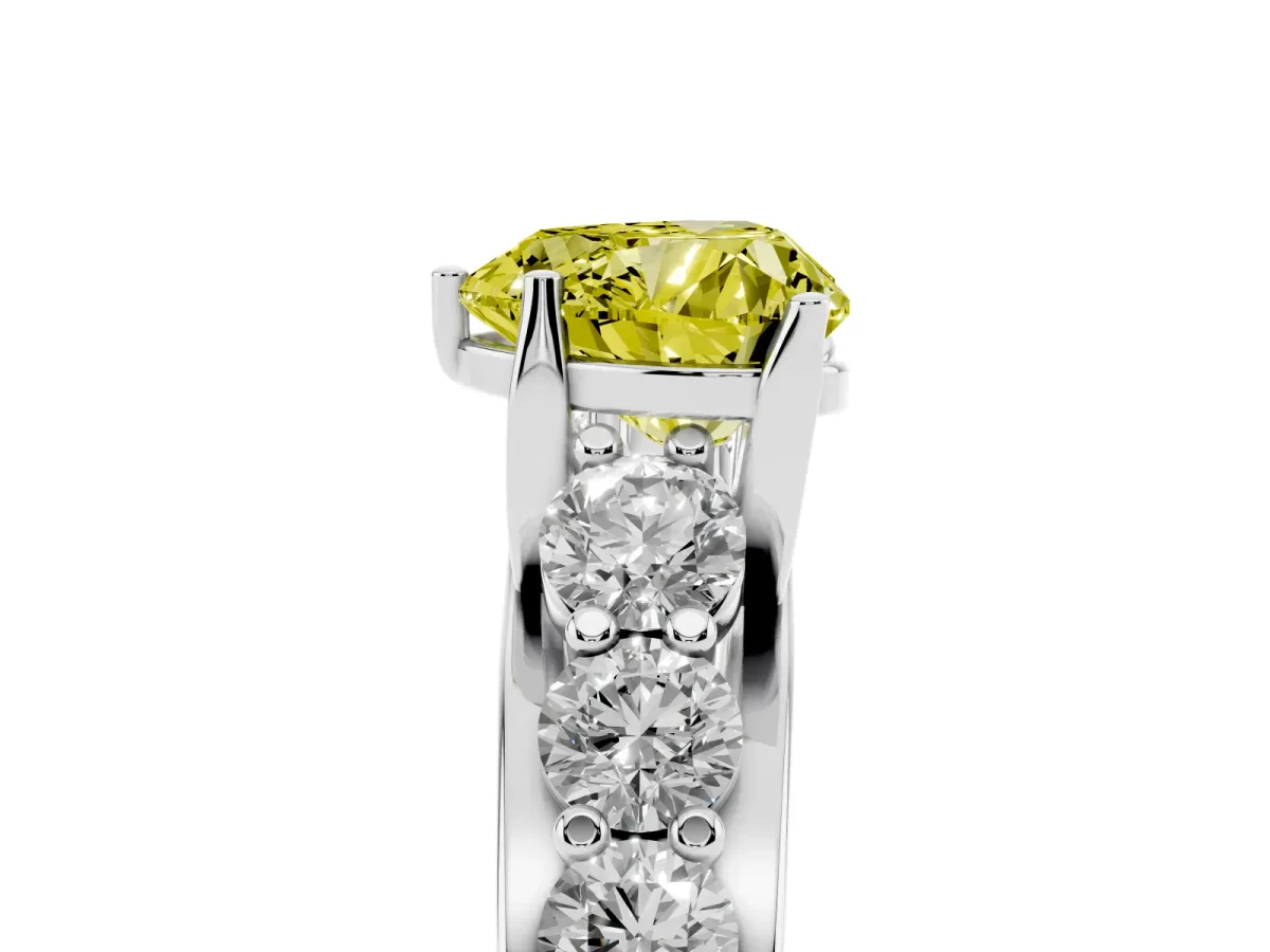 Fancy Yellow Heart Cut Diamond Engagement Ring with Pavé Band and Four-Prong Setting White gold