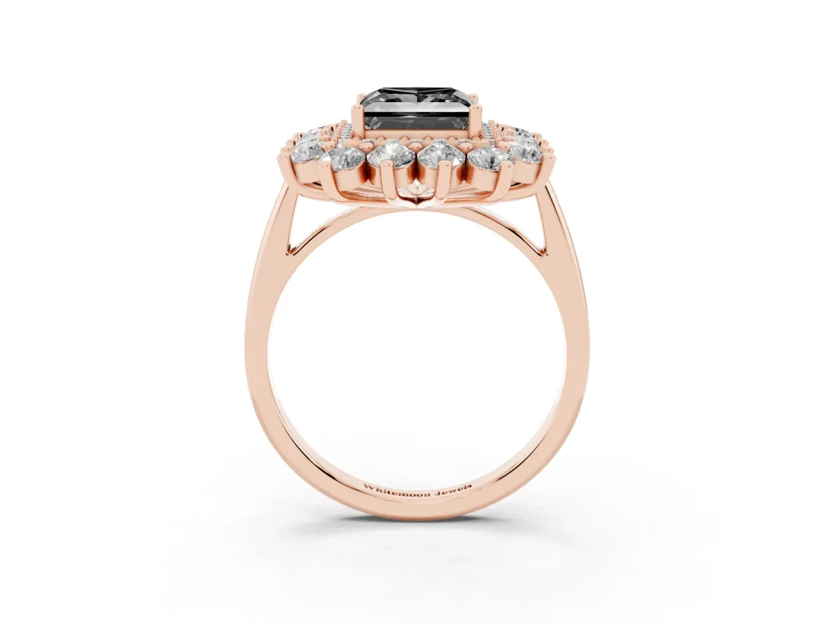 Fancy Black Princess Cut Diamond Floral Double Halo Engagement Ring with Prong Setting Rose gold
