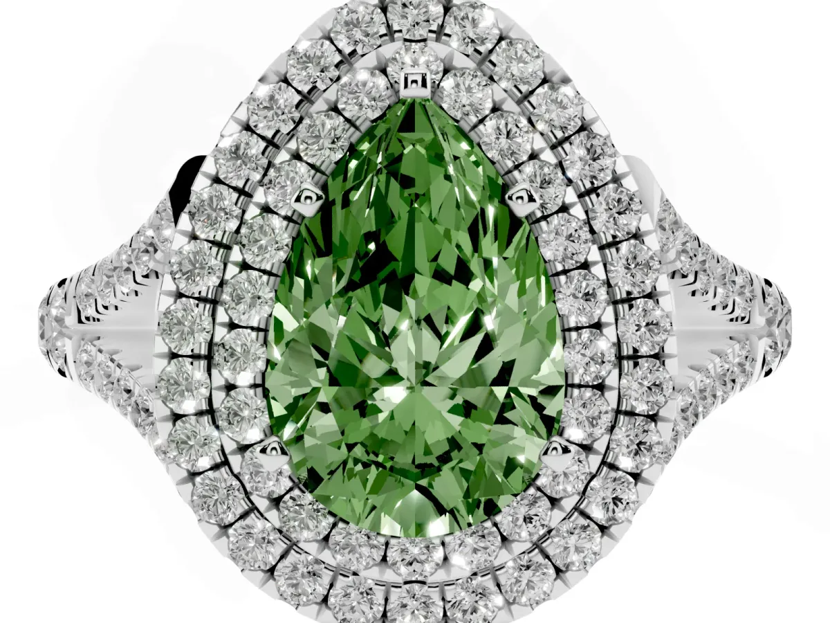Fancy Green Double Halo Pear Cut Diamond Split Shank Engagement Ring with Four-Prong Setting Silver