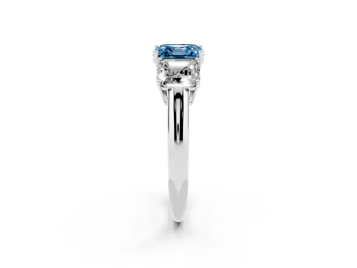 Fancy Blue Three-Stone Asscher Cut Cut Diamond Engagement Ring with Prong Setting on a White Gold Band White gold
