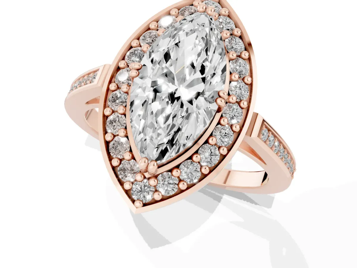 Marquise Cut Diamond Halo Ring with Split Shank and Four-Prong Setting Rose gold