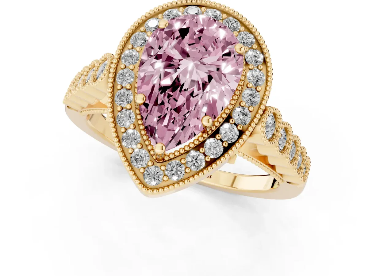 Fancy Pink Pear Cut Halo Twist Band Solitaire Ring with Six-Prong Setting Yellow gold