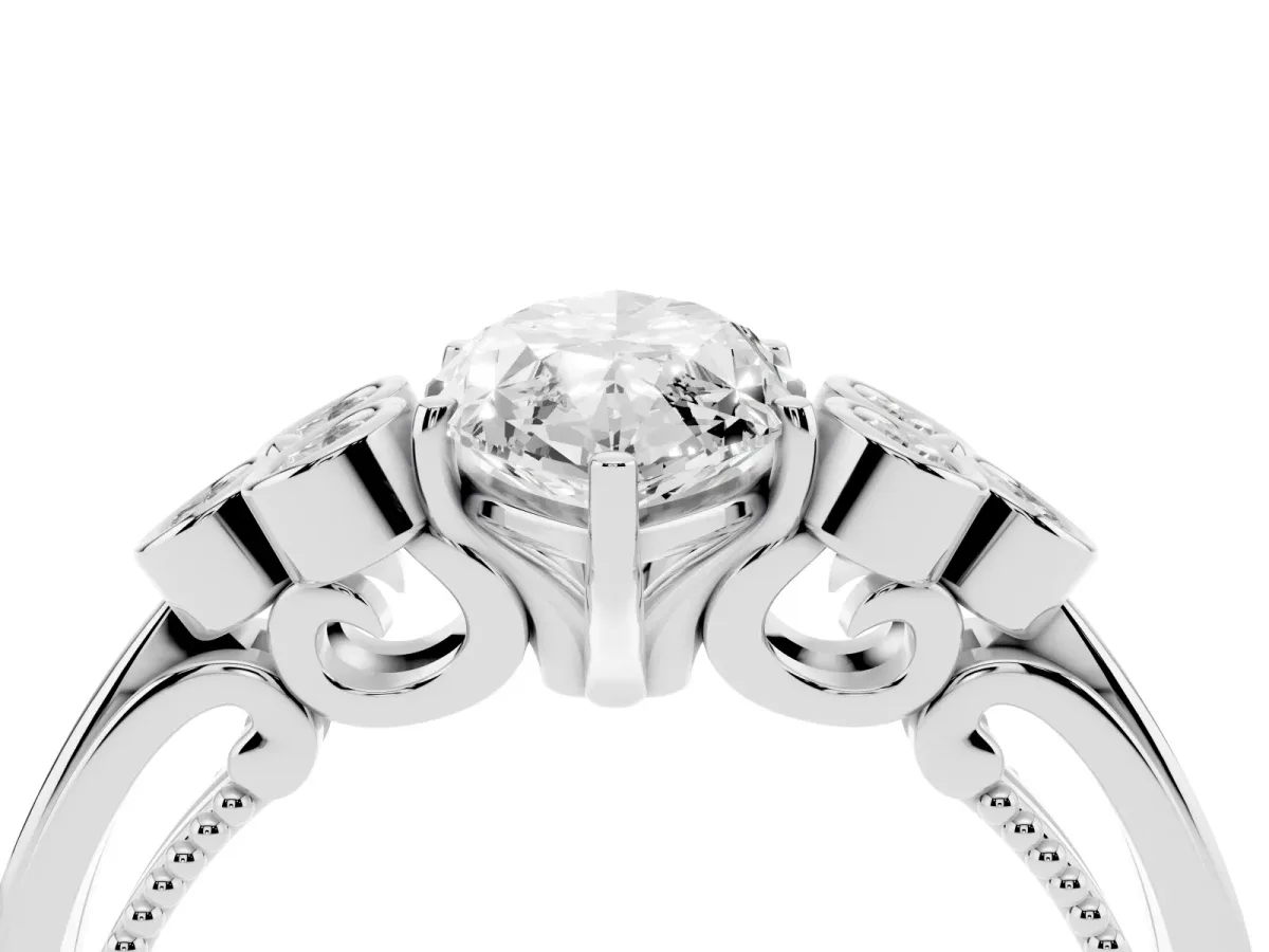 Marquise Cut Cut Diamond Engagement Ring with Bezel Set Round Side Stones and Prong Setting Silver
