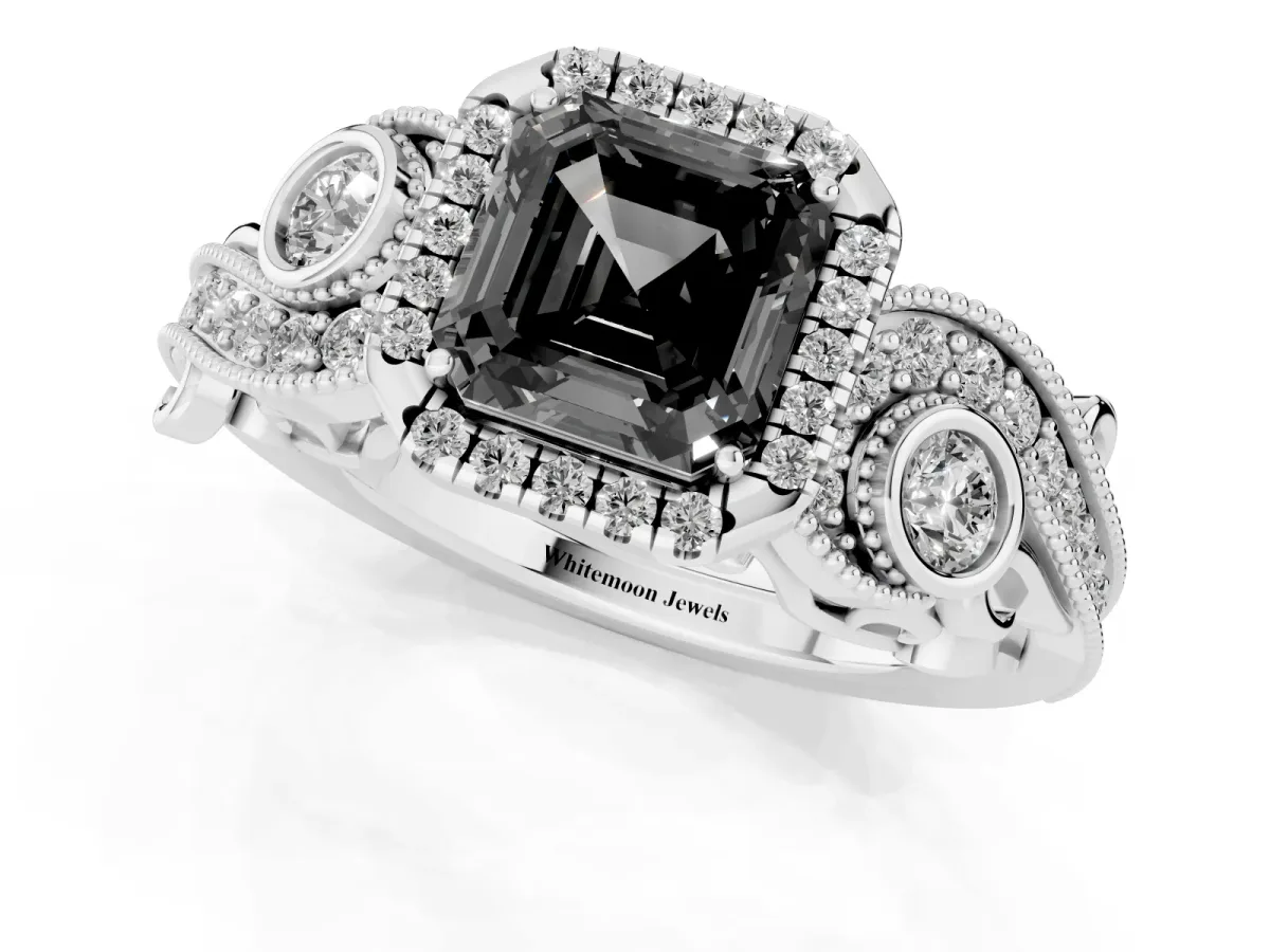 Fancy Black Asscher Cut Halo Diamond Ring with Milgrain and Bezel Accents on a Split Shank Band Platinum