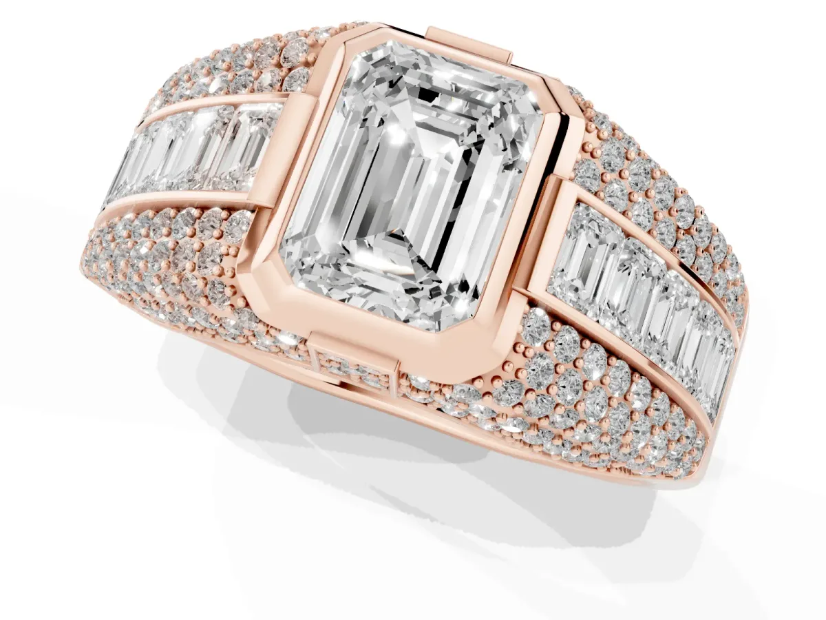 Emerald Cut Diamond Mens Ring with Side Stones Rose gold