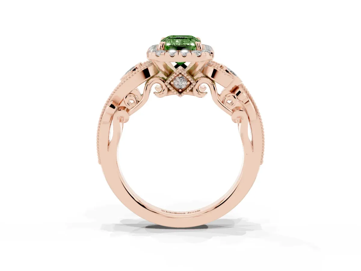 Fancy Green Emerald Cut Diamond Halo Ring with Milgrain Pavé Band and Four-Prong Setting Rose gold