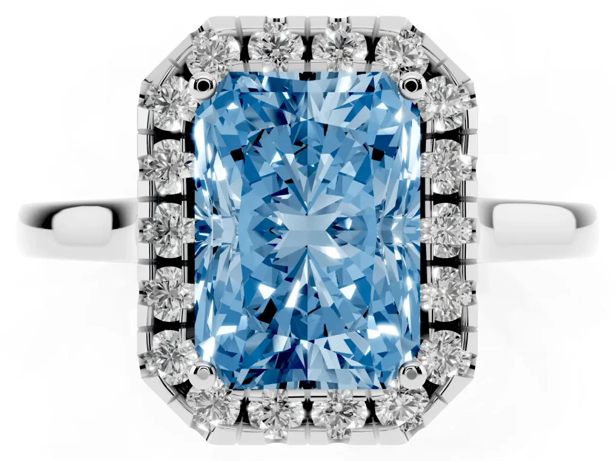 Fancy Blue Radiant Cut Halo Round Diamond Solitaire Ring with Pavé Band and Four-Prong Setting Silver