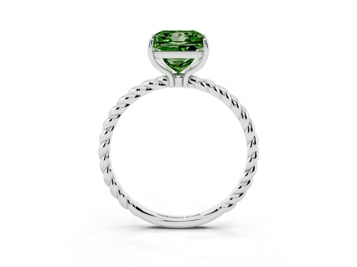 Fancy Green Princess Cut Solitaire Twisted Band 4-Prong Ring Platinum