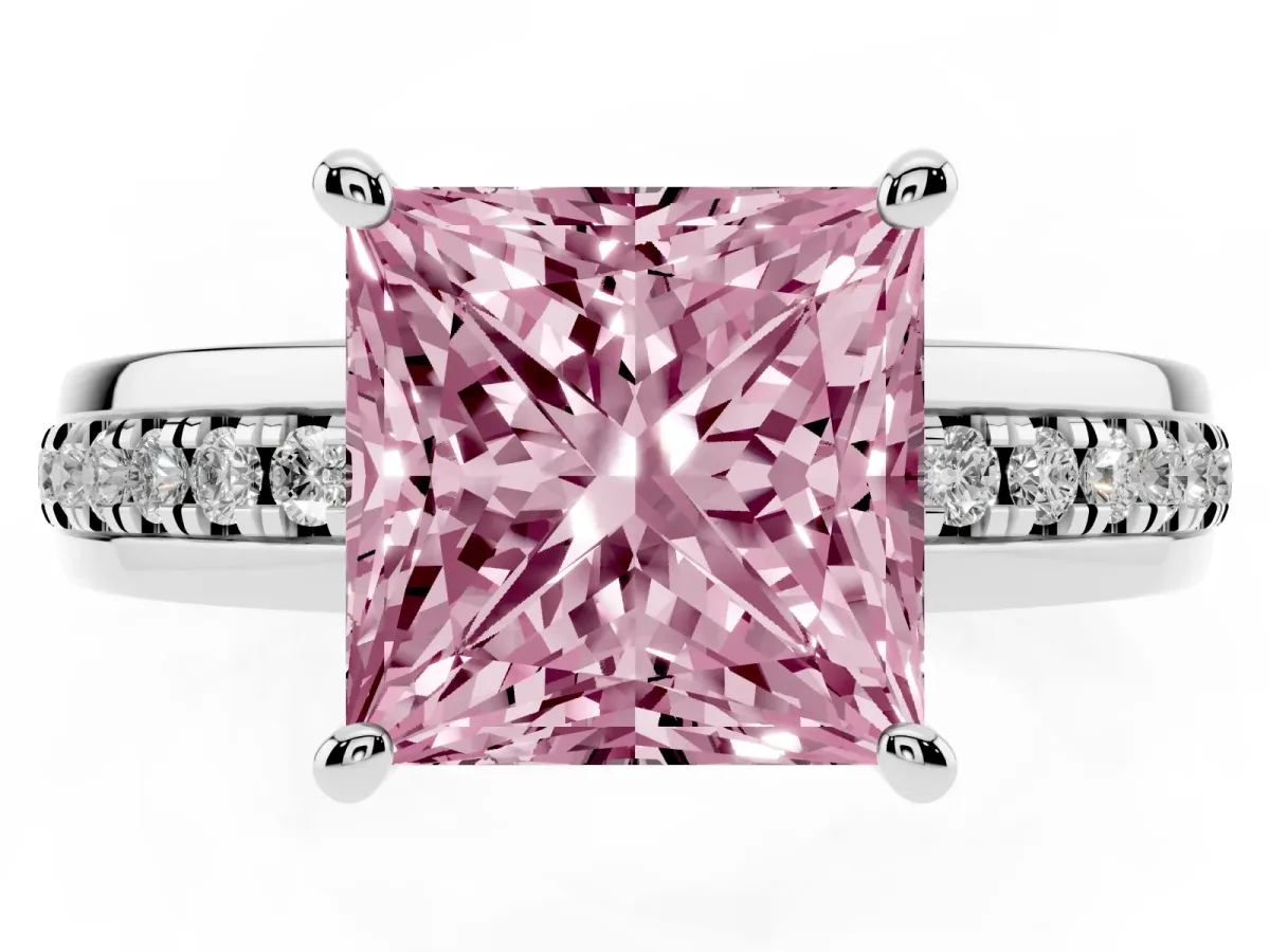 Fancy Pink Princess Cut Solitaire Diamond Ring with Channel Set Band and Six-Prong Setting Silver