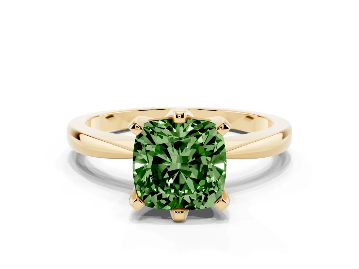 Fancy Green Cushion Cut Solitaire Engagement Ring with Six-Prong Setting and Tapered Band Yellow gold