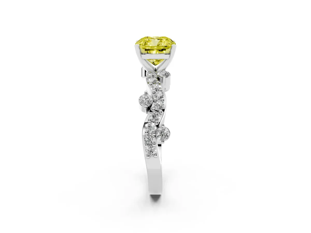 Fancy Yellow Cushion Cut Cut Solitaire Diamond Twisted Band with Pave Setting Silver