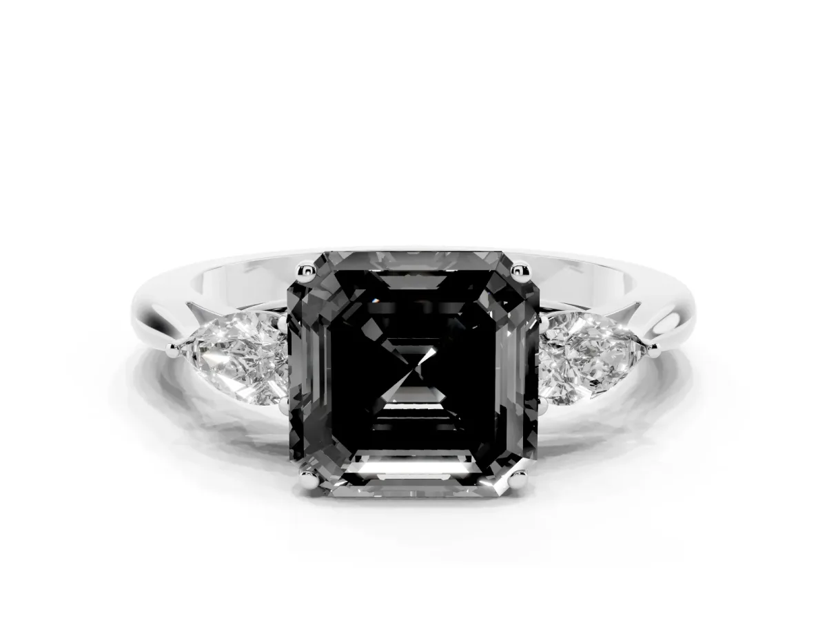Fancy Black Asscher Cut Diamond Three-Stone Ring with Pear Side Stones and Prong Setting Silver