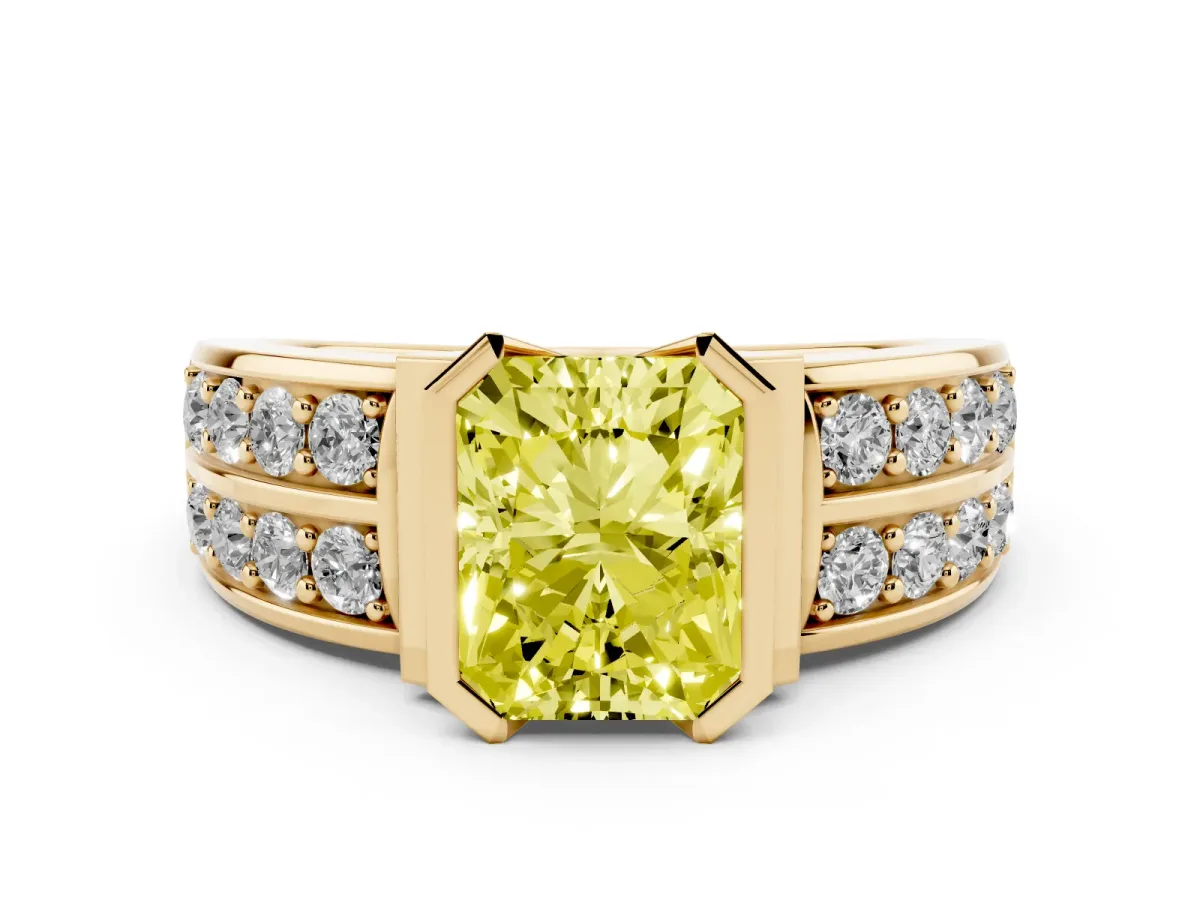 Fancy Yellow Radiant Cut Brilliant Diamond Channel Set Wide Band Ring with Bezel Setting Yellow gold
