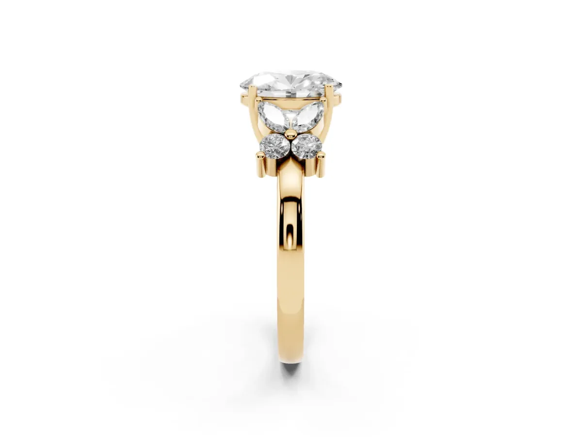 Oval Cut Diamond Floral Cluster Ring with Solitaire Band and Prong Setting Yellow gold