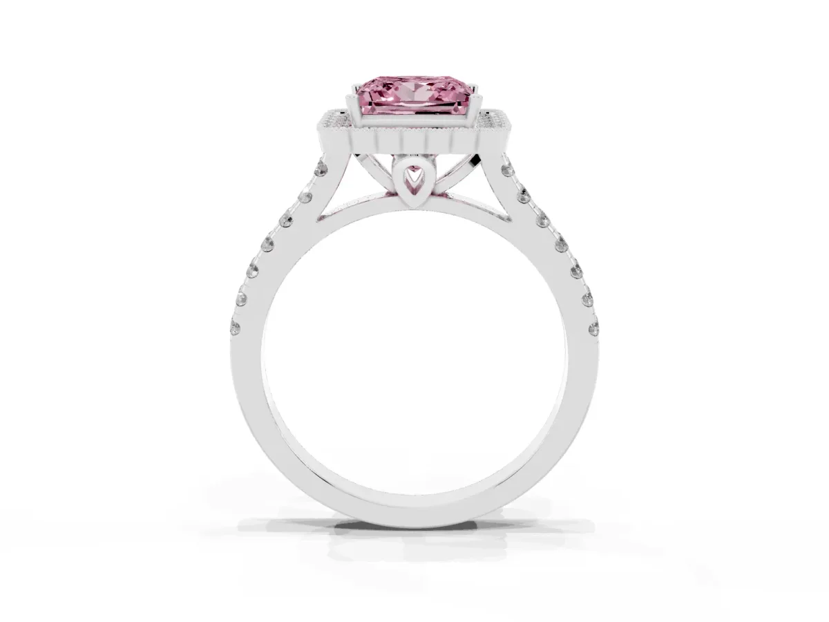 Fancy Pink Princess Cut Cut Diamond Milgrain Floral Halo Engagement Ring with Pavé Band Silver