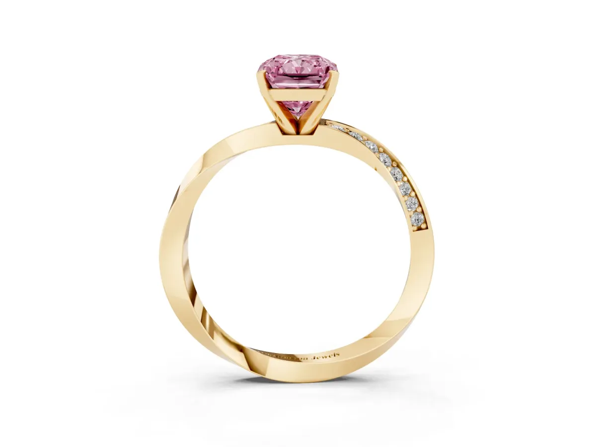 Fancy Pink Radiant Cut Diamond Engagement Ring with Side Stone Accents and Four-Prong Setting Yellow gold
