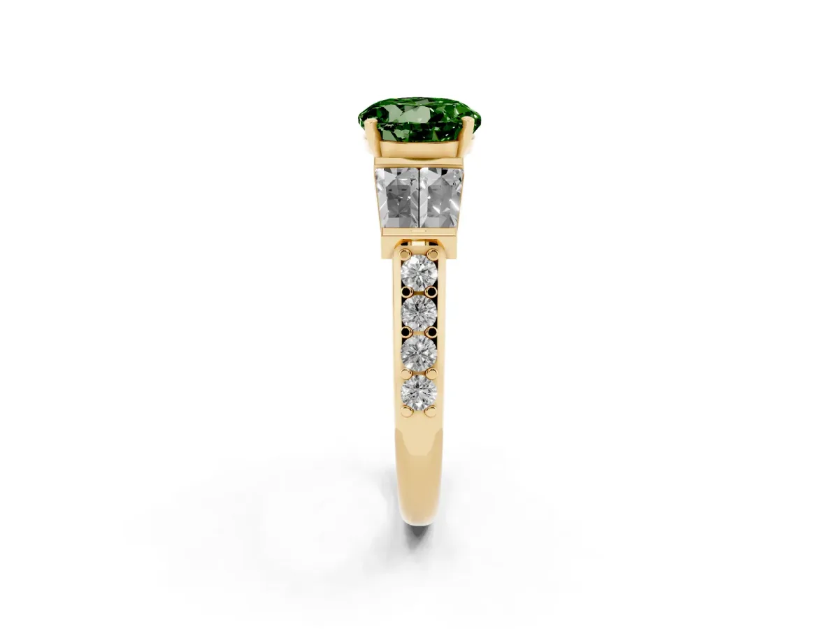Fancy Green Round Cut Diamond Engagement Ring with Baguette Side Stones and Channel Set Band Yellow gold