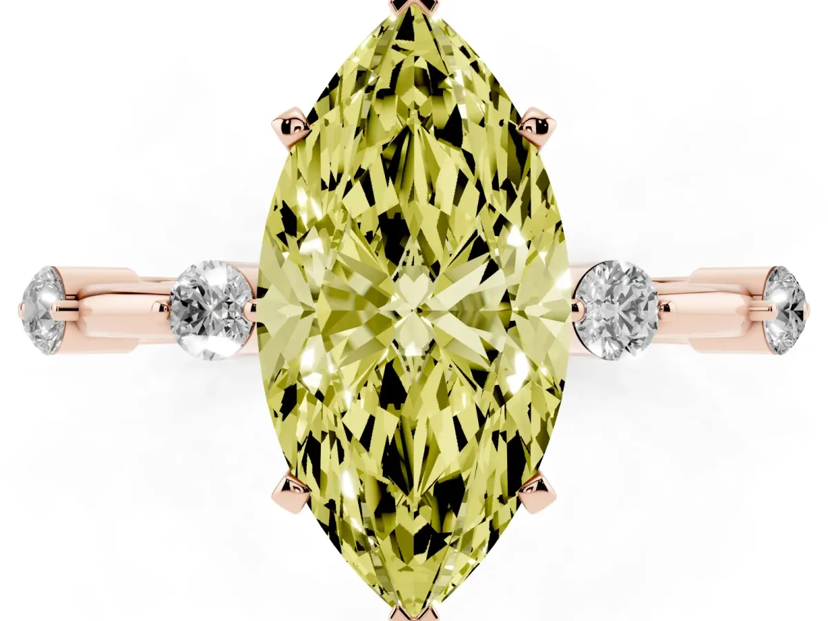 Fancy Yellow Marquise Cut Solitaire Diamond Ring with Bezel Set Side Stones and Prong Setting Rose gold