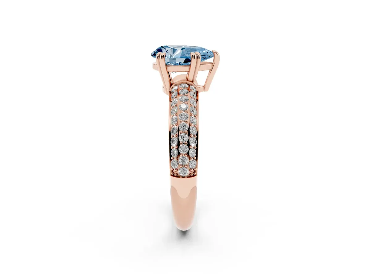 Fancy Blue Pear Cut Diamond Solitaire Ring with Multi-Row Round Pavé Band and Prong Setting Rose gold