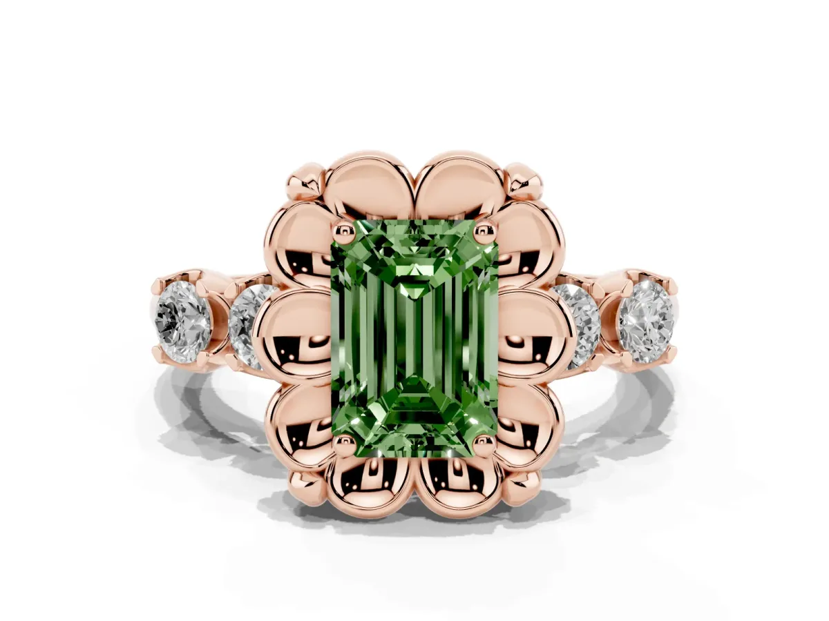 Fancy Green Emerald Cut Cut Diamond Floral Halo Engagement Ring with Shared Prong Setting Rose gold