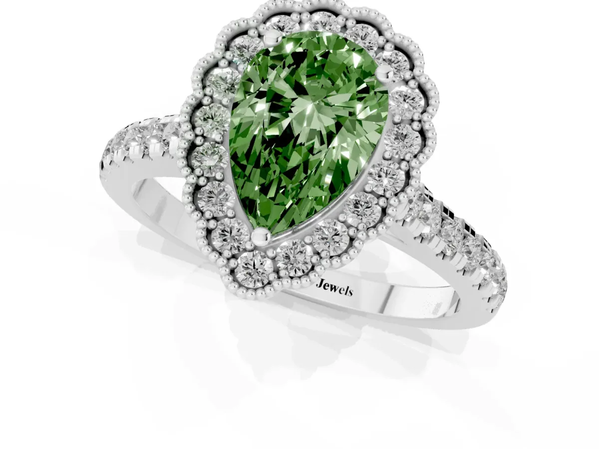 Fancy Green Pear Cut Cut Diamond Milgrain Floral Halo Engagement Ring with Pavé Band Platinum