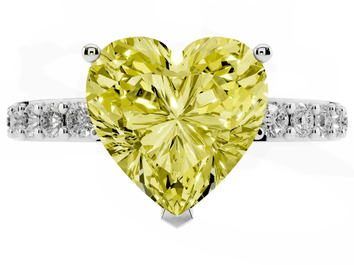 Fancy Yellow Heart Cut Cut Diamond Solitaire with Pave Band and Four-Prong Setting Silver