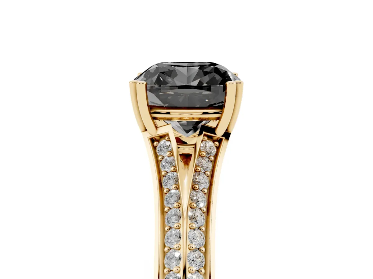 Fancy Black Cushion Cut Diamond Split Shank Engagement Ring with Pavé Band Yellow gold
