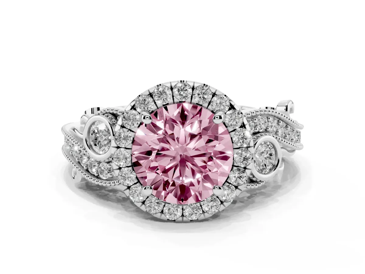 Fancy Pink Round Cut Diamond Halo Ring with Milgrain Pavé Band and Four-Prong Setting Silver