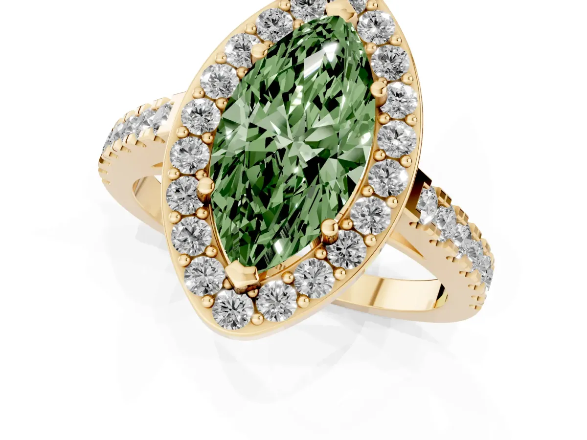 Fancy Green Marquise Cut Diamond Halo Ring with Round Pavé Split Shank and Prong Setting Yellow gold