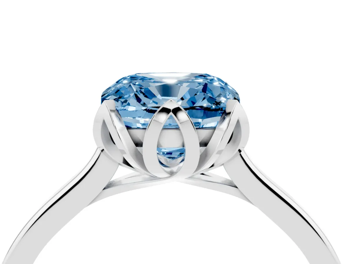 Fancy Blue Cushion Cut Diamond Solitaire Ring with Flower Prong Setting and Classic Band Silver