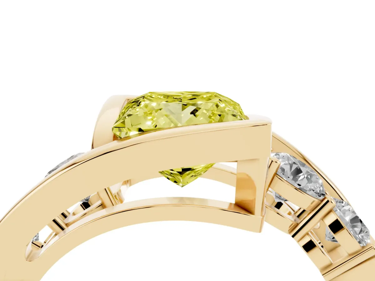 Fancy Yellow Bezel Set Princess Cut Diamond Bypass Ring with Round Accents Yellow gold